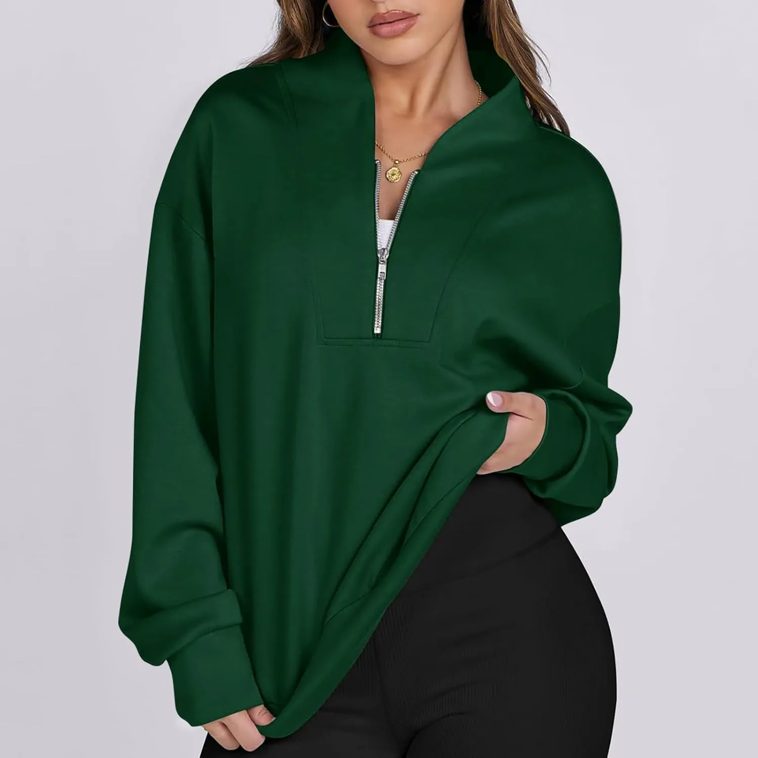 Women's Oversized Quarter Half Zip Hoodies,2024 Casual V Neck Long Sleeve Fleece Sweatshirts,Cute Winter