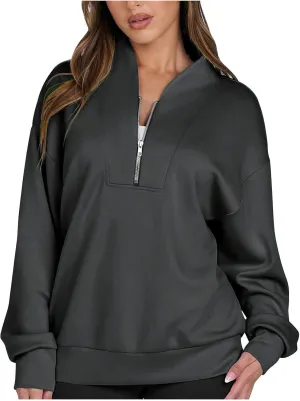 Women's Oversized Quarter Half Zip Hoodies,2024 Casual V Neck Long Sleeve Fleece Sweatshirts,Cute Winter