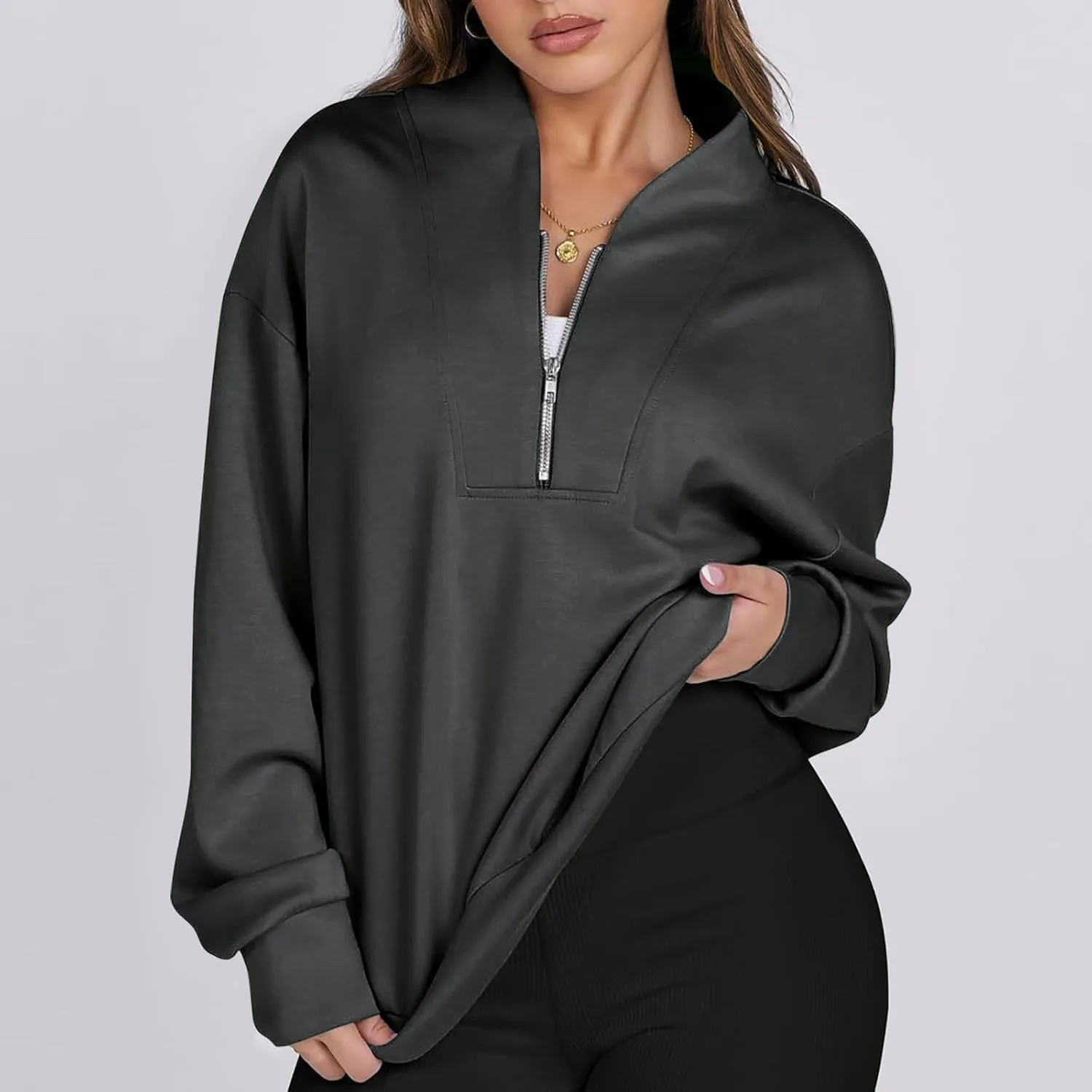 Women's Oversized Quarter Half Zip Hoodies,2024 Casual V Neck Long Sleeve Fleece Sweatshirts,Cute Winter