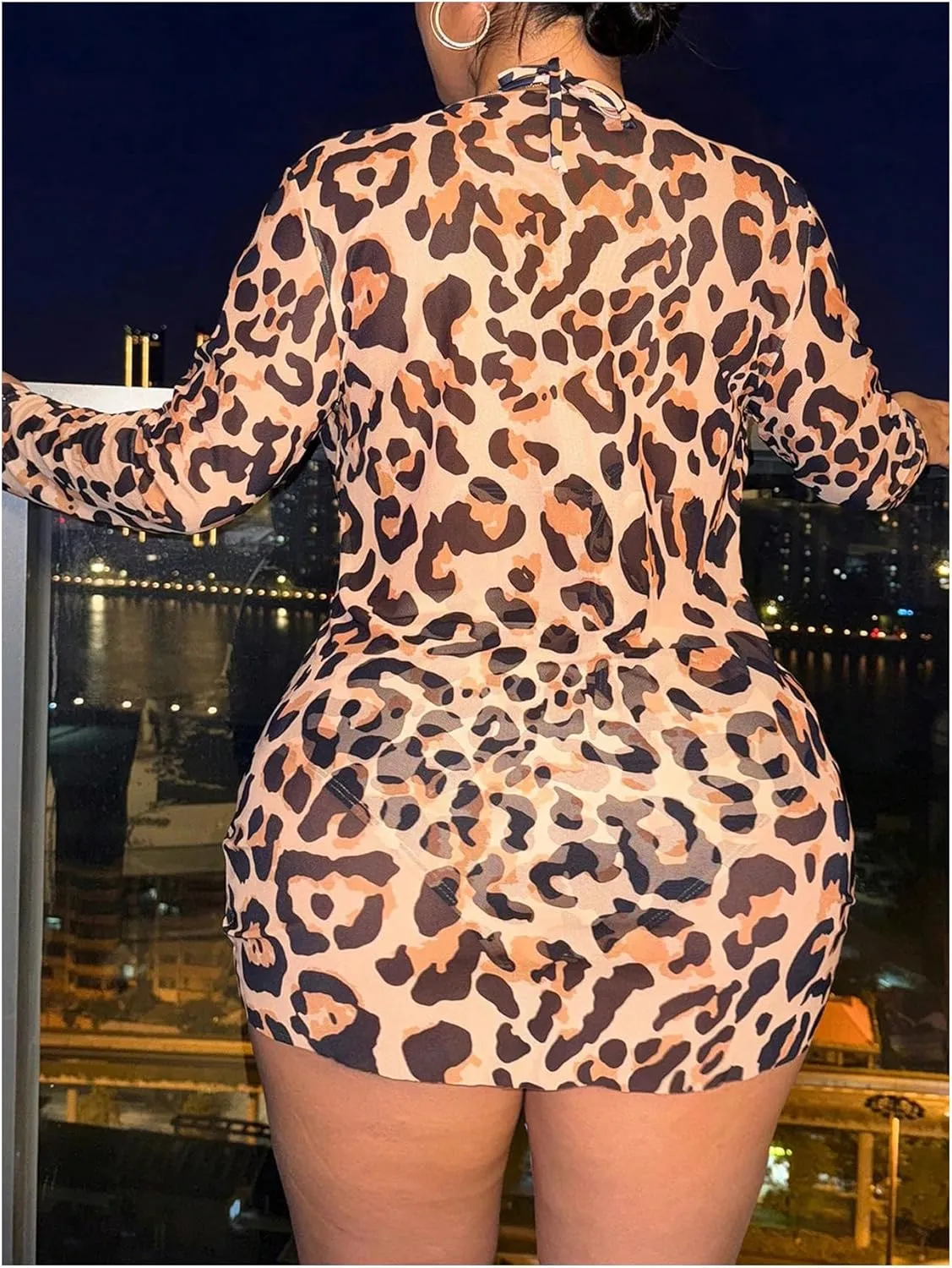 Women's Plus Size 3 Piece Leopard Swimsuits Halter High Waisted Bikini Bathing Suit with Cover Up