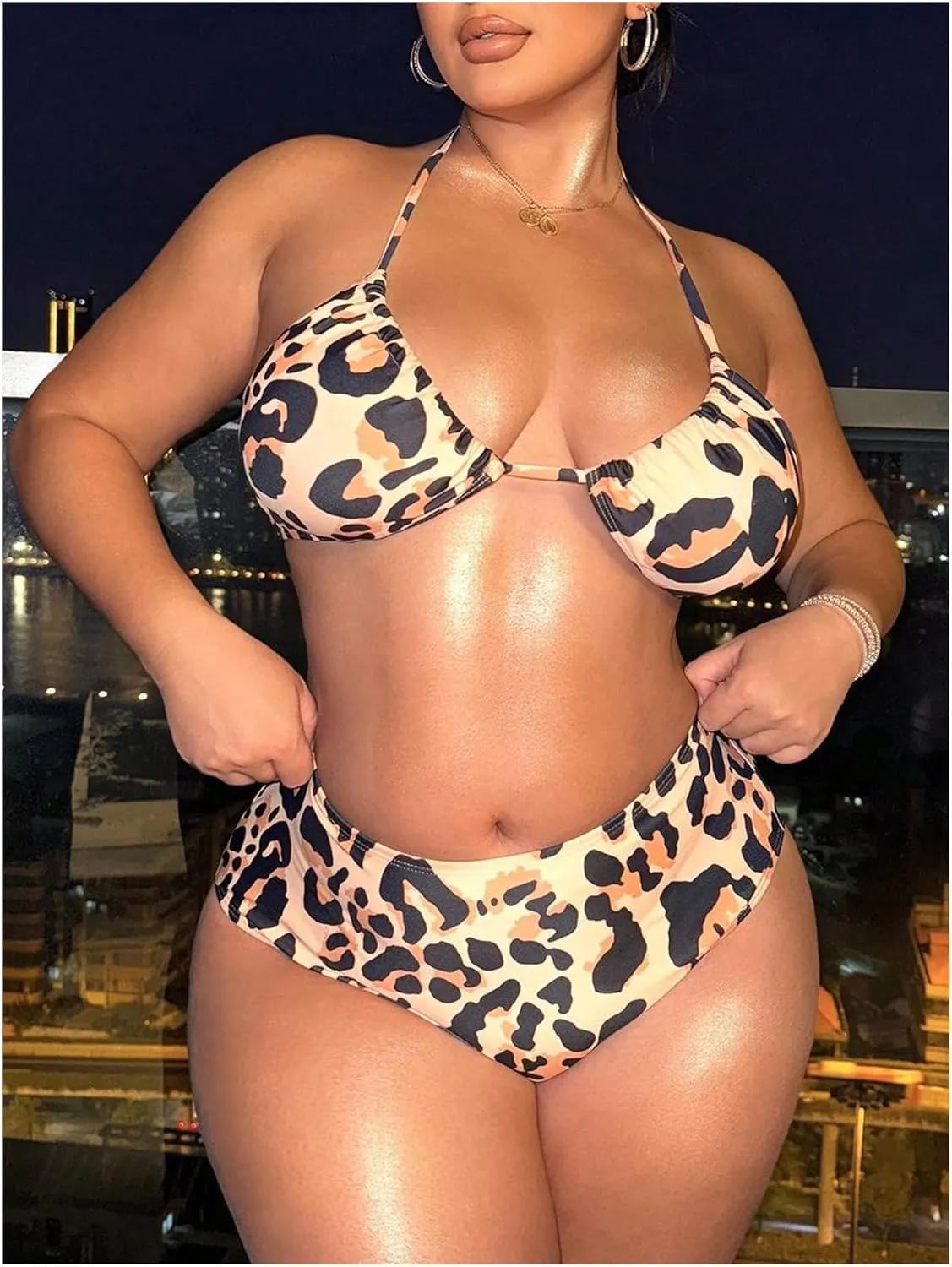 Women's Plus Size 3 Piece Leopard Swimsuits Halter High Waisted Bikini Bathing Suit with Cover Up
