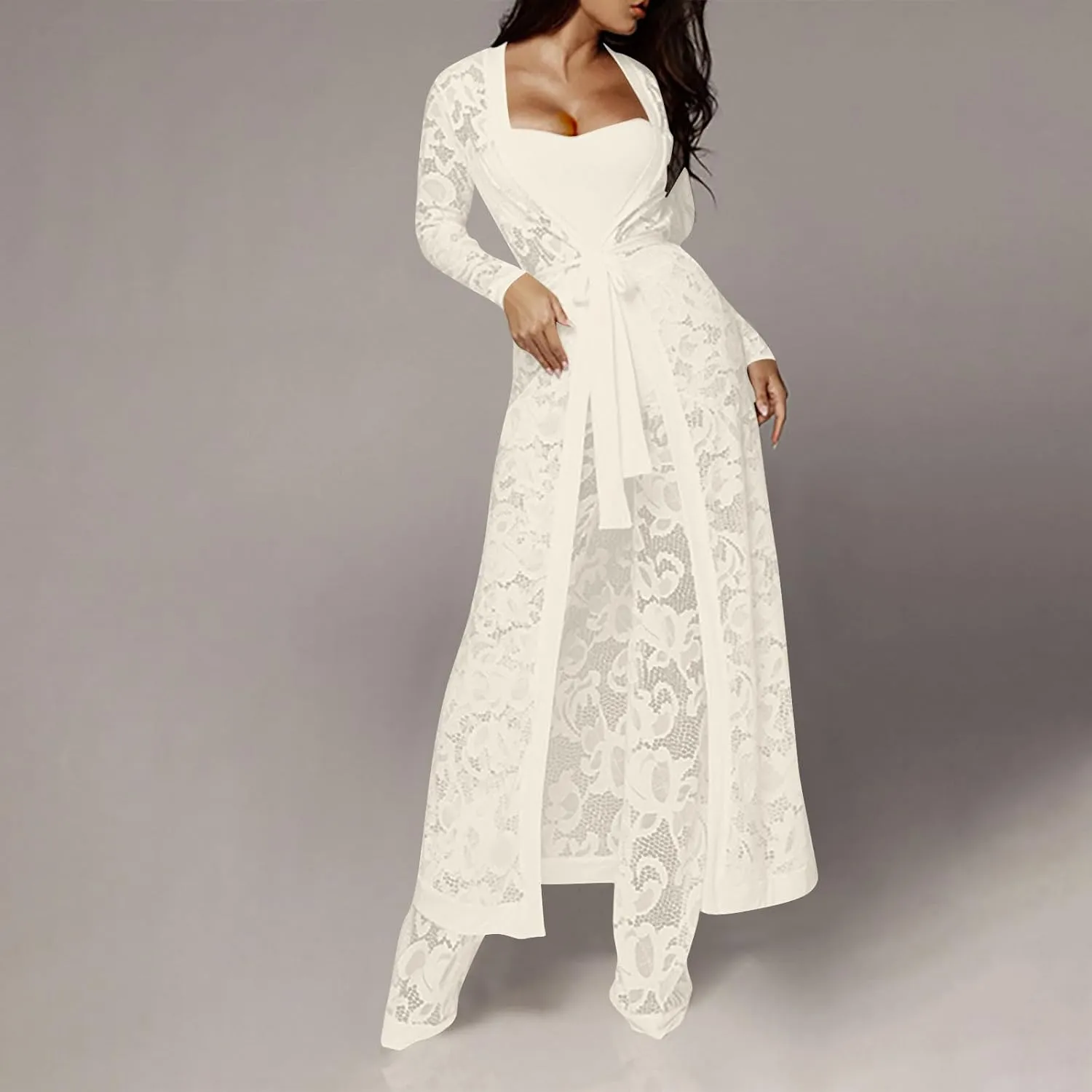 Women's Sexy Floral Lace 3 Piece See Through Wide Leg Pants Tube Top Long Kimono Robe Cover Up Coats Sets Elegant Suits