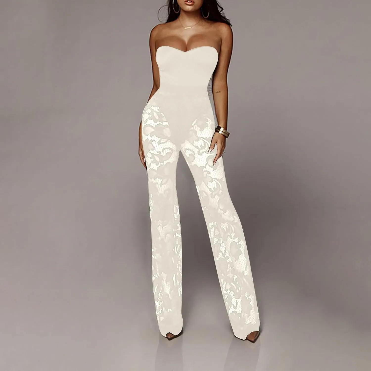 Women's Sexy Floral Lace 3 Piece See Through Wide Leg Pants Tube Top Long Kimono Robe Cover Up Coats Sets Elegant Suits