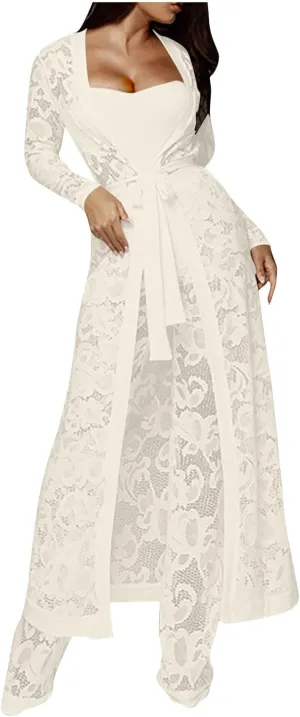 Women's Sexy Floral Lace 3 Piece See Through Wide Leg Pants Tube Top Long Kimono Robe Cover Up Coats Sets Elegant Suits