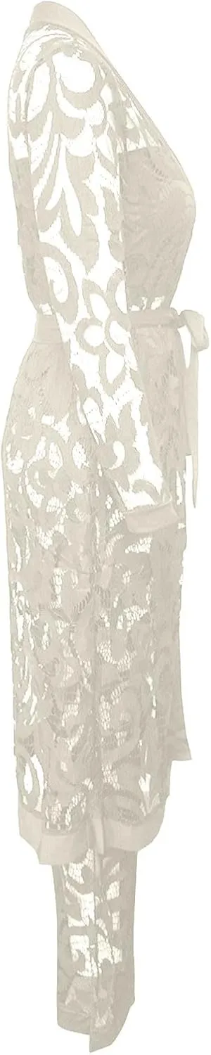 Women's Sexy Floral Lace 3 Piece See Through Wide Leg Pants Tube Top Long Kimono Robe Cover Up Coats Sets Elegant Suits