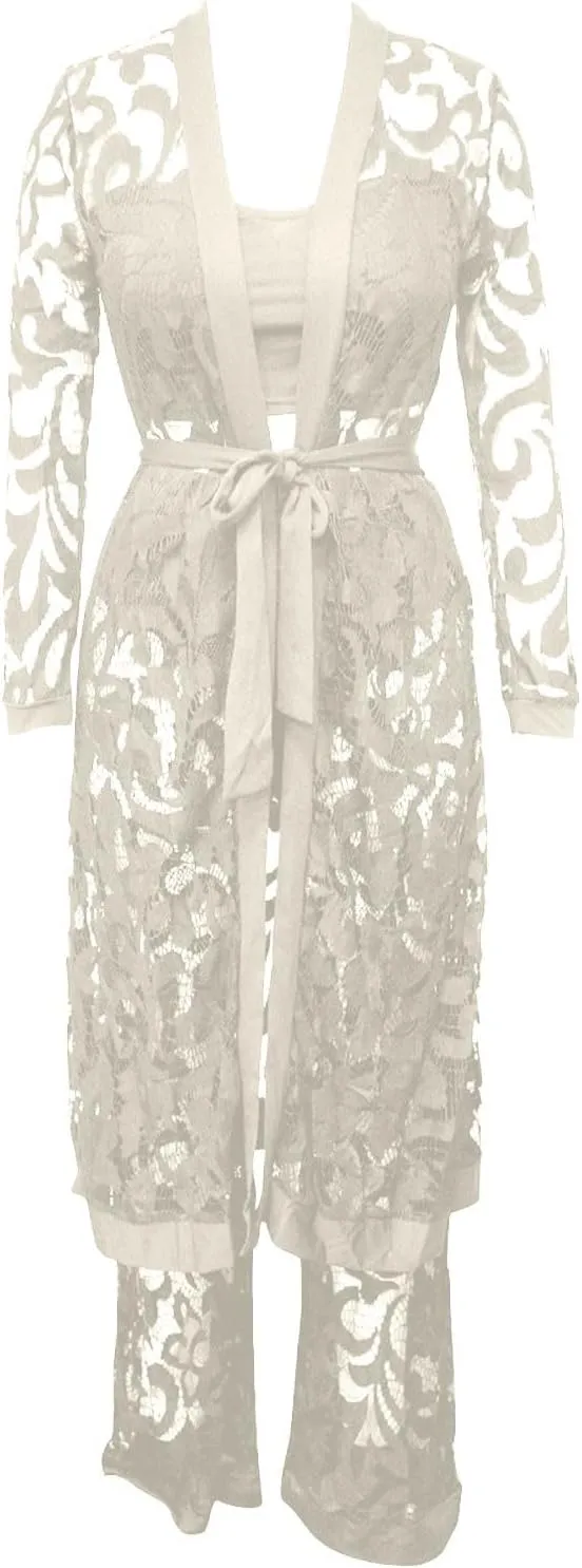 Women's Sexy Floral Lace 3 Piece See Through Wide Leg Pants Tube Top Long Kimono Robe Cover Up Coats Sets Elegant Suits
