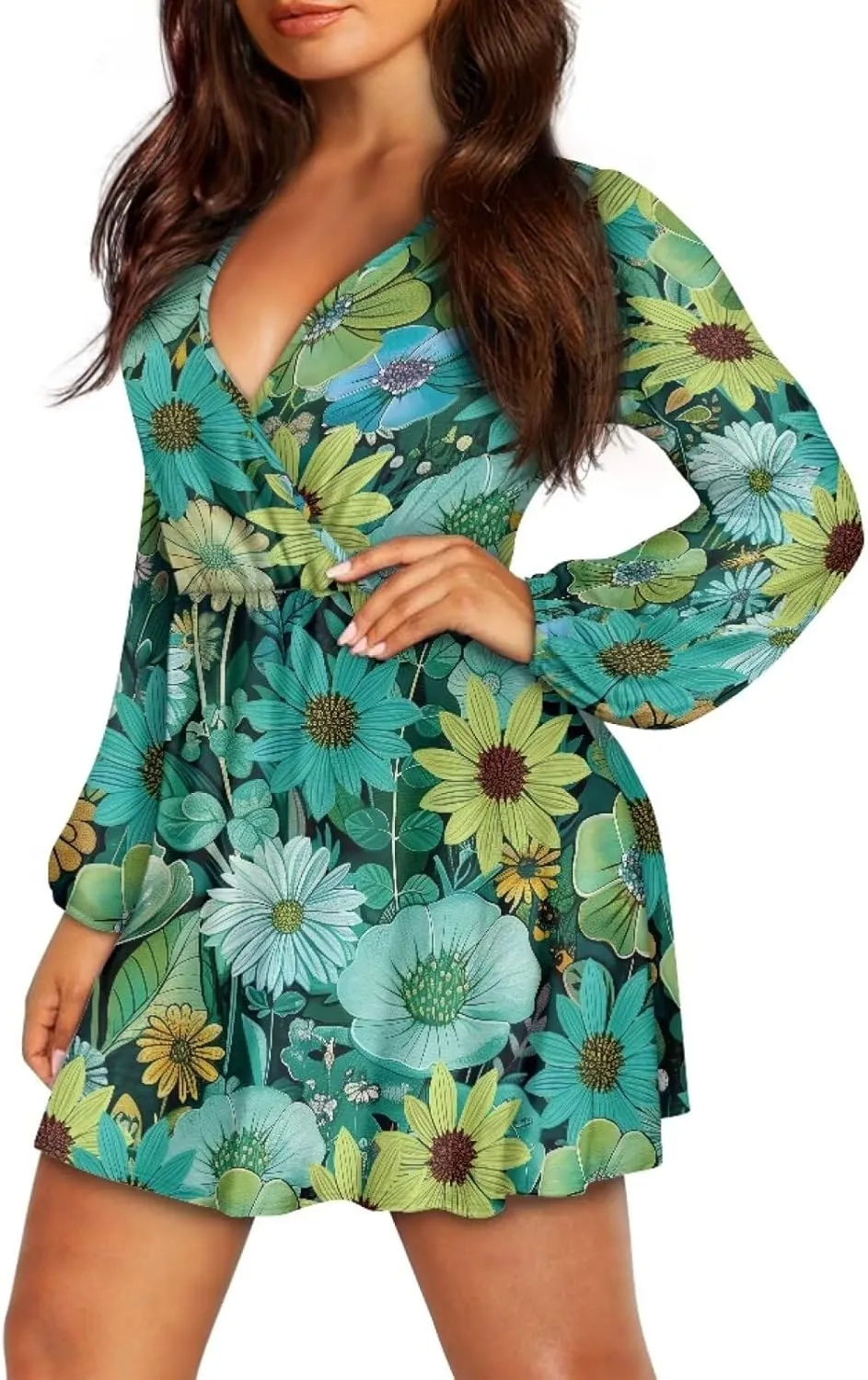 Womens Sexy Long Sleeve V Neck Dress Casual Mini Dress Skater Dresses