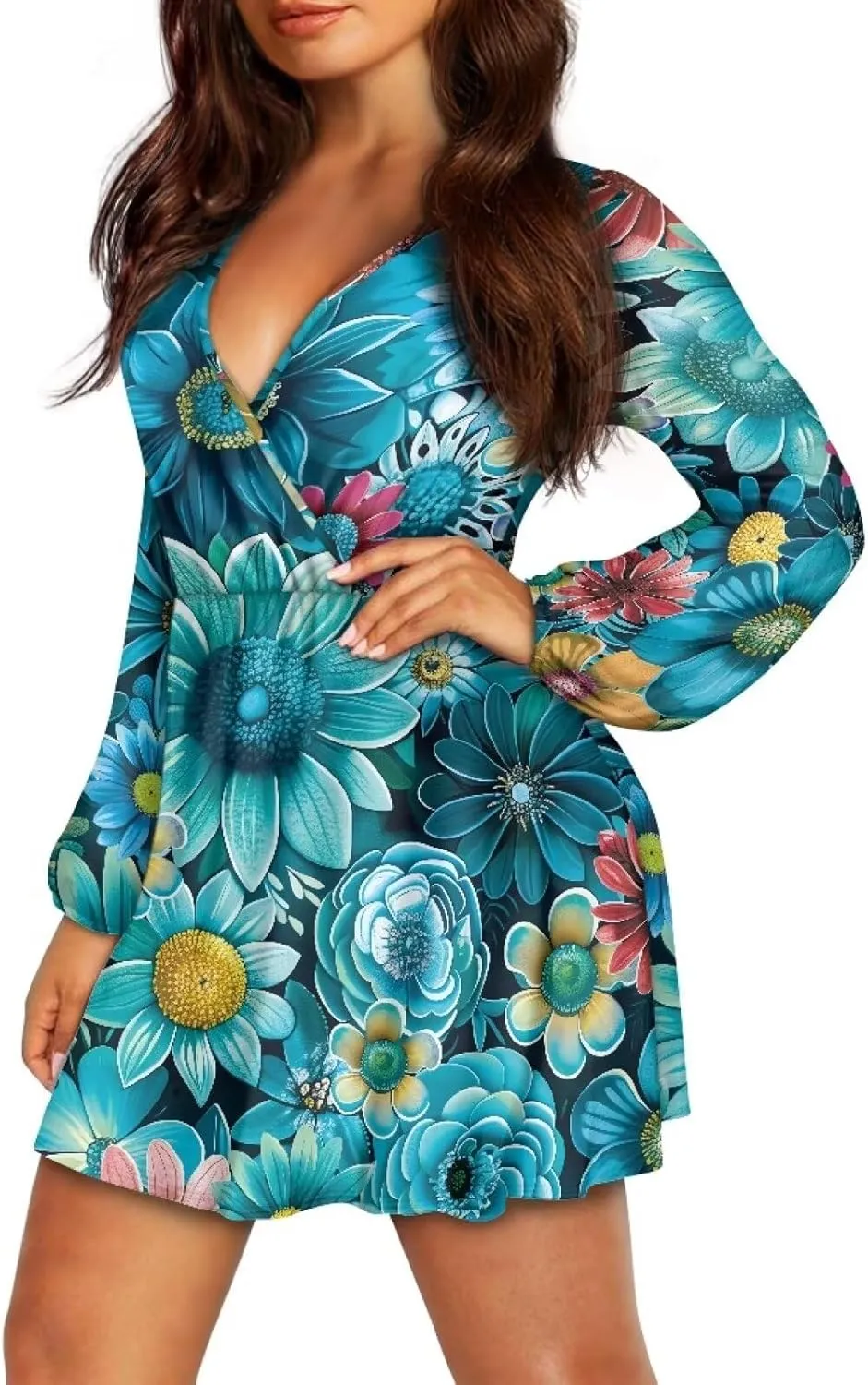 Womens Sexy Long Sleeve V Neck Dress Casual Mini Dress Skater Dresses