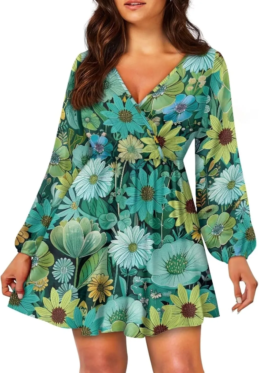 Womens Sexy Long Sleeve V Neck Dress Casual Mini Dress Skater Dresses