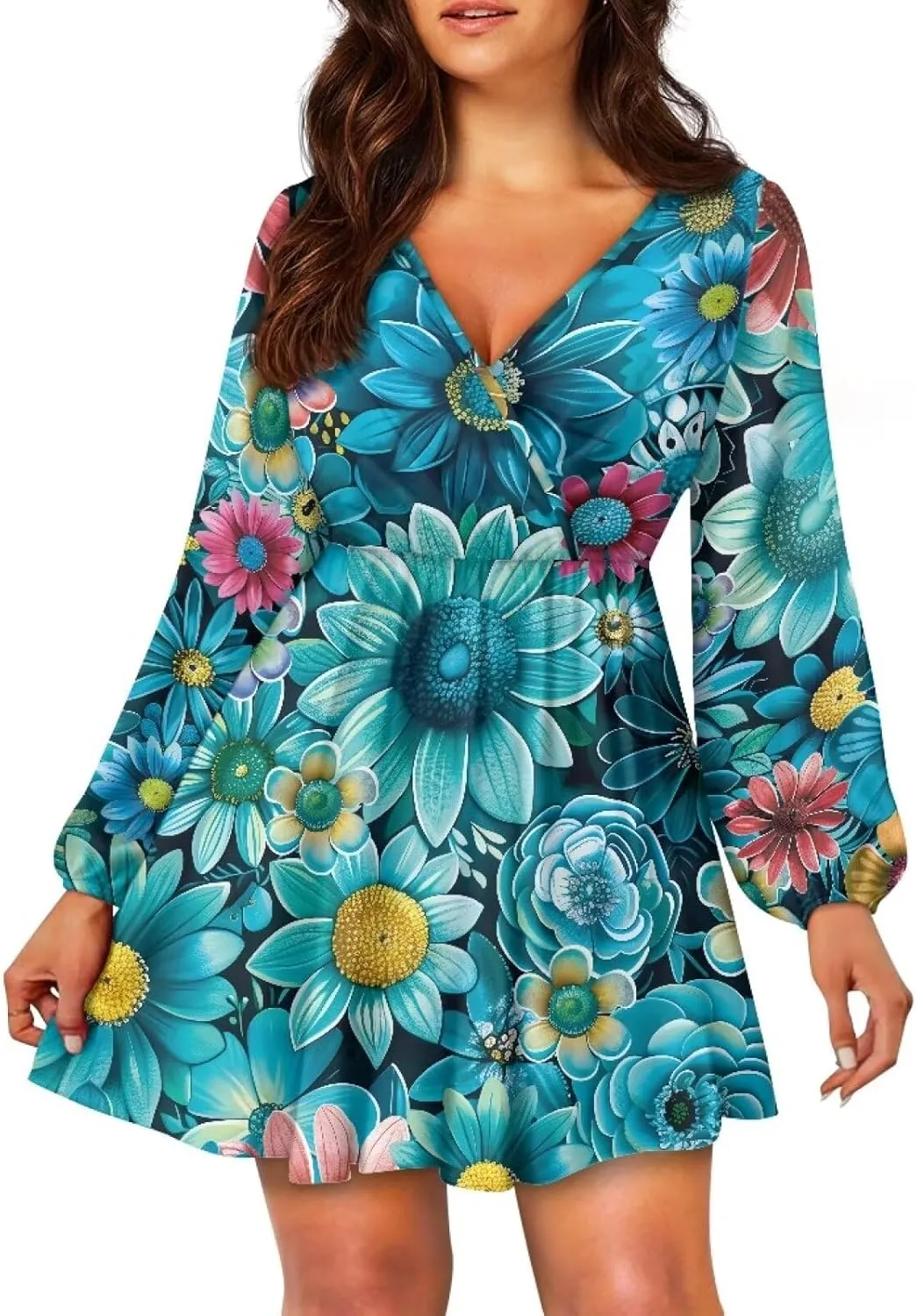 Womens Sexy Long Sleeve V Neck Dress Casual Mini Dress Skater Dresses