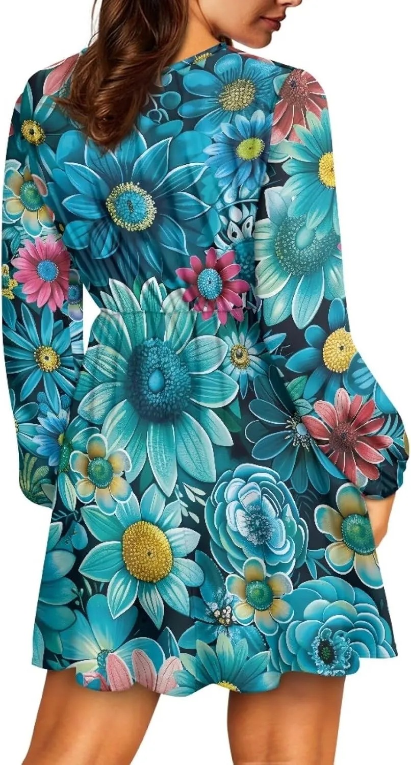 Womens Sexy Long Sleeve V Neck Dress Casual Mini Dress Skater Dresses