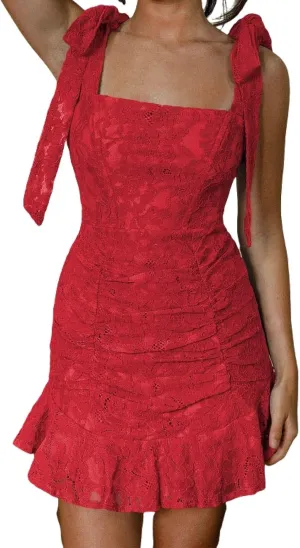 Womens Sexy Summer Y2K Tie Shoulder Mini Dress, Boho Ruffle Hem Flowy Beach Sundress