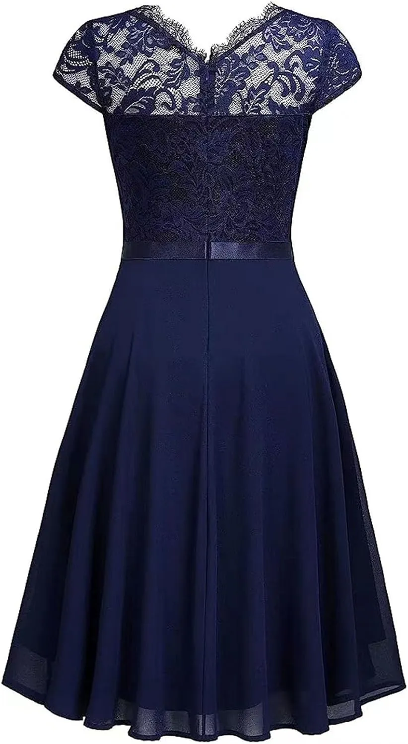 Women's Short Sleeve Bridal Friend Dress for Wedding Lace Chiffon Formal Evening Dress BeachDresses for Women