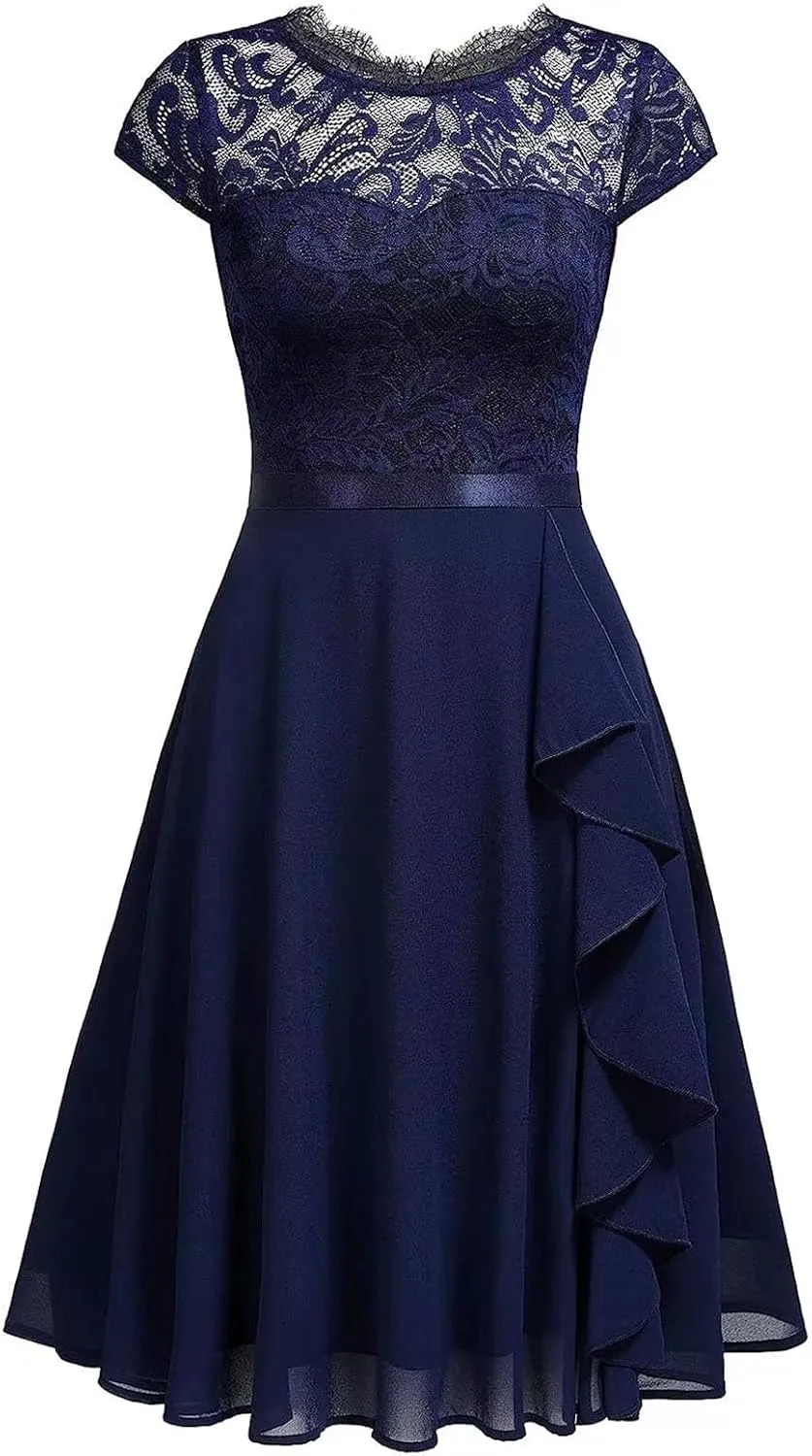 Women's Short Sleeve Bridal Friend Dress for Wedding Lace Chiffon Formal Evening Dress BeachDresses for Women