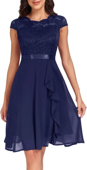 Women's Short Sleeve Bridal Friend Dress for Wedding Lace Chiffon Formal Evening Dress BeachDresses for Women