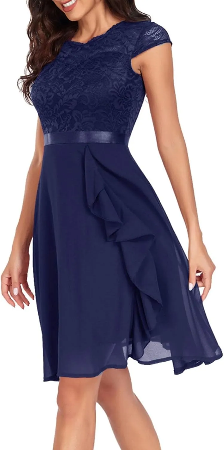 Women's Short Sleeve Bridal Friend Dress for Wedding Lace Chiffon Formal Evening Dress BeachDresses for Women