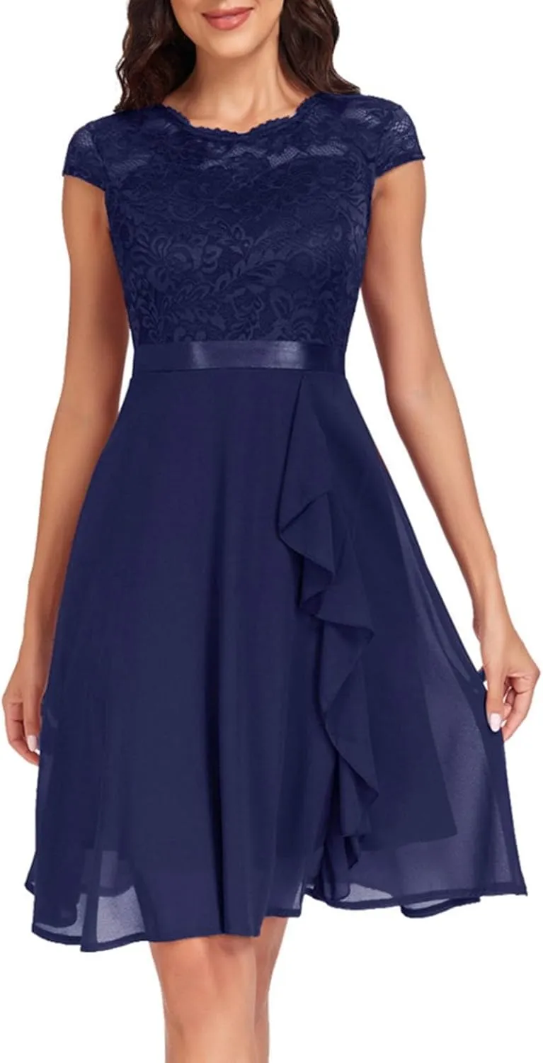 Women's Short Sleeve Bridal Friend Dress for Wedding Lace Chiffon Formal Evening Dress BeachDresses for Women