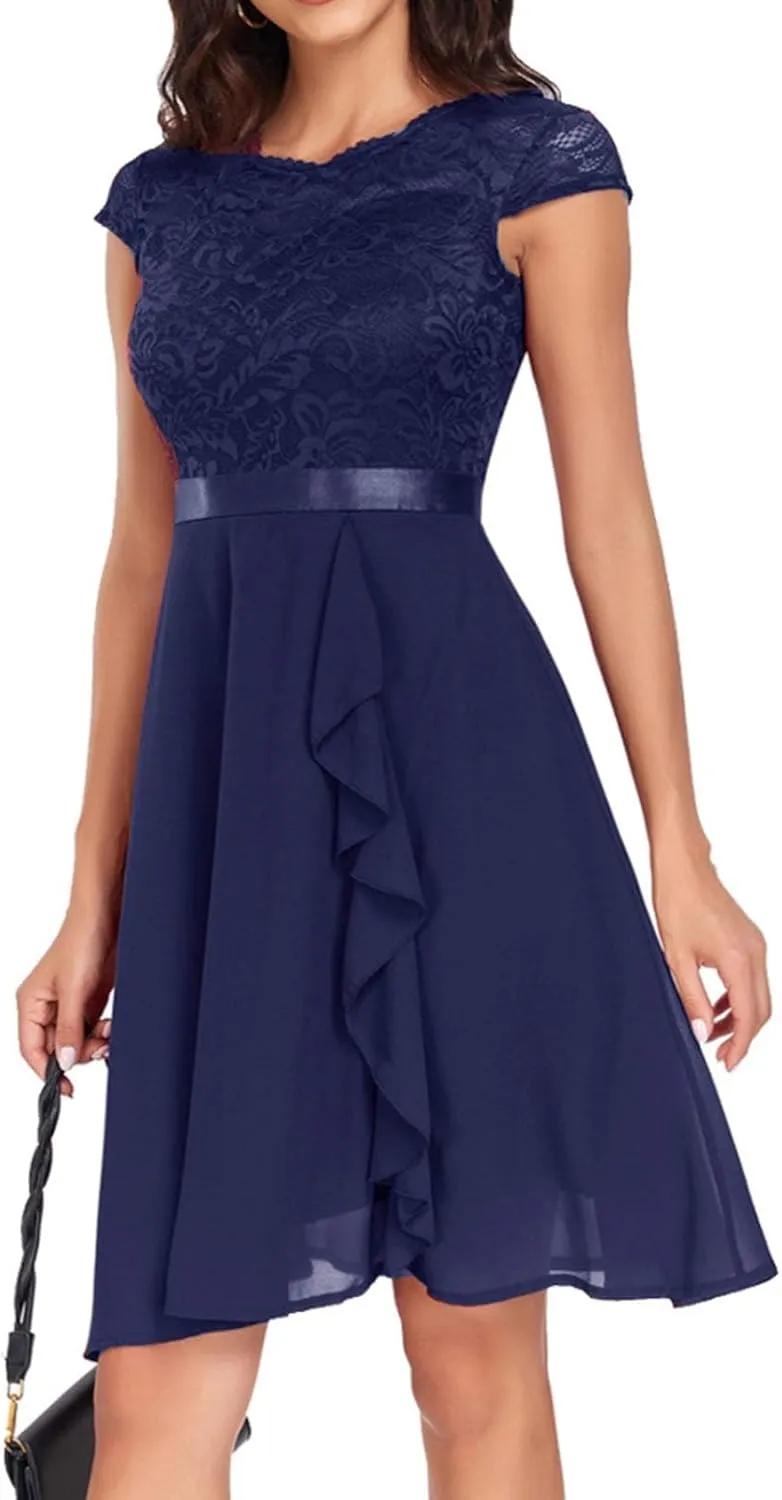 Women's Short Sleeve Bridal Friend Dress for Wedding Lace Chiffon Formal Evening Dress BeachDresses for Women