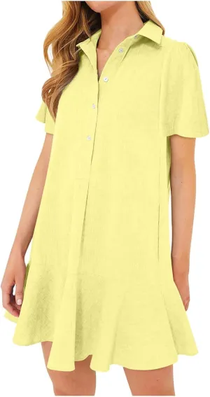 Womens Sleeveless Shirt Dress Ruffle Hem Tank Dress Button V Neck Swing Shift Mini Dresses Lapel Collar Tunic Dress