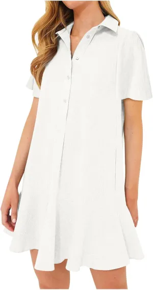 Womens Sleeveless Shirt Dress Ruffle Hem Tank Dress Button V Neck Swing Shift Mini Dresses Lapel Collar Tunic Dress