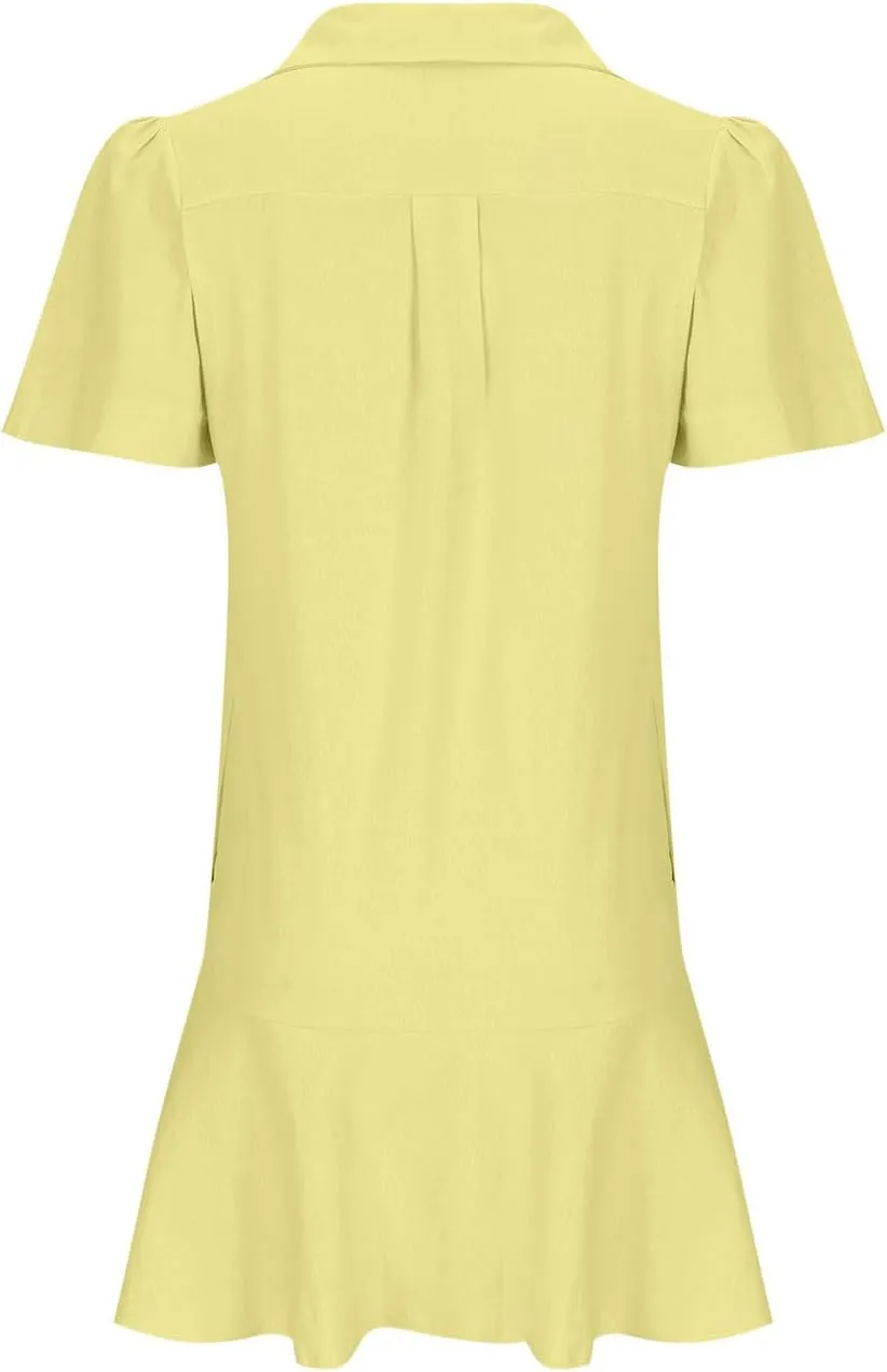 Womens Sleeveless Shirt Dress Ruffle Hem Tank Dress Button V Neck Swing Shift Mini Dresses Lapel Collar Tunic Dress