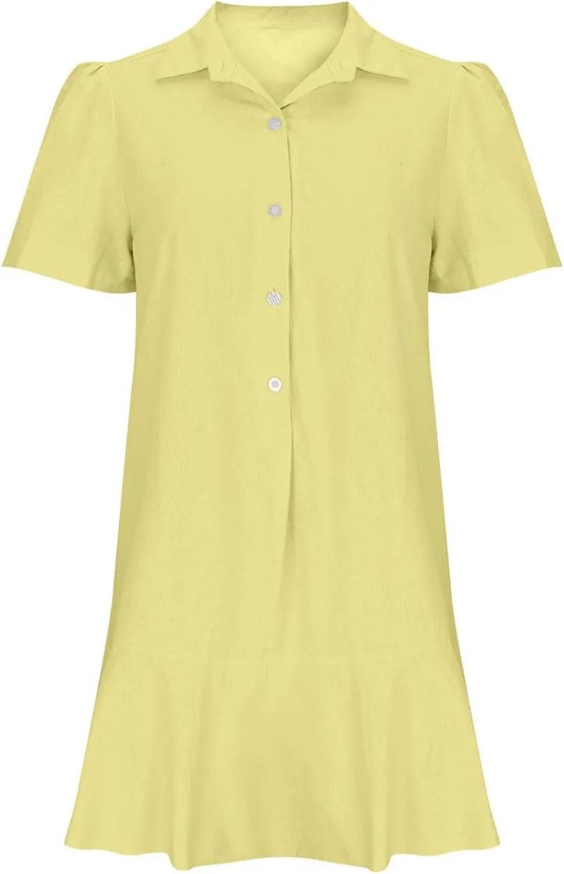 Womens Sleeveless Shirt Dress Ruffle Hem Tank Dress Button V Neck Swing Shift Mini Dresses Lapel Collar Tunic Dress