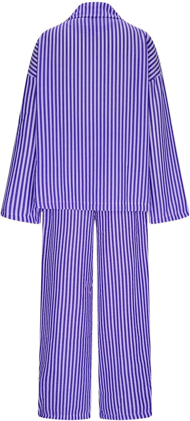 Women's Striped 2 Piece Outfits Casual Long Sleeve Button Down Lapel Shirts and Wide Leg Pants Loungewear Matching Sets