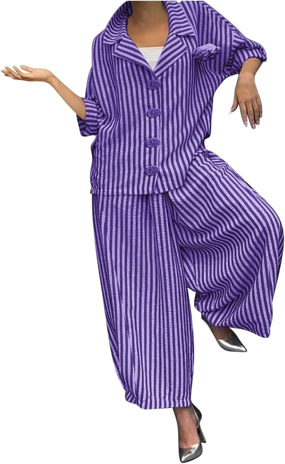 Women's Striped 2 Piece Outfits Casual Long Sleeve Button Down Lapel Shirts and Wide Leg Pants Loungewear Matching Sets