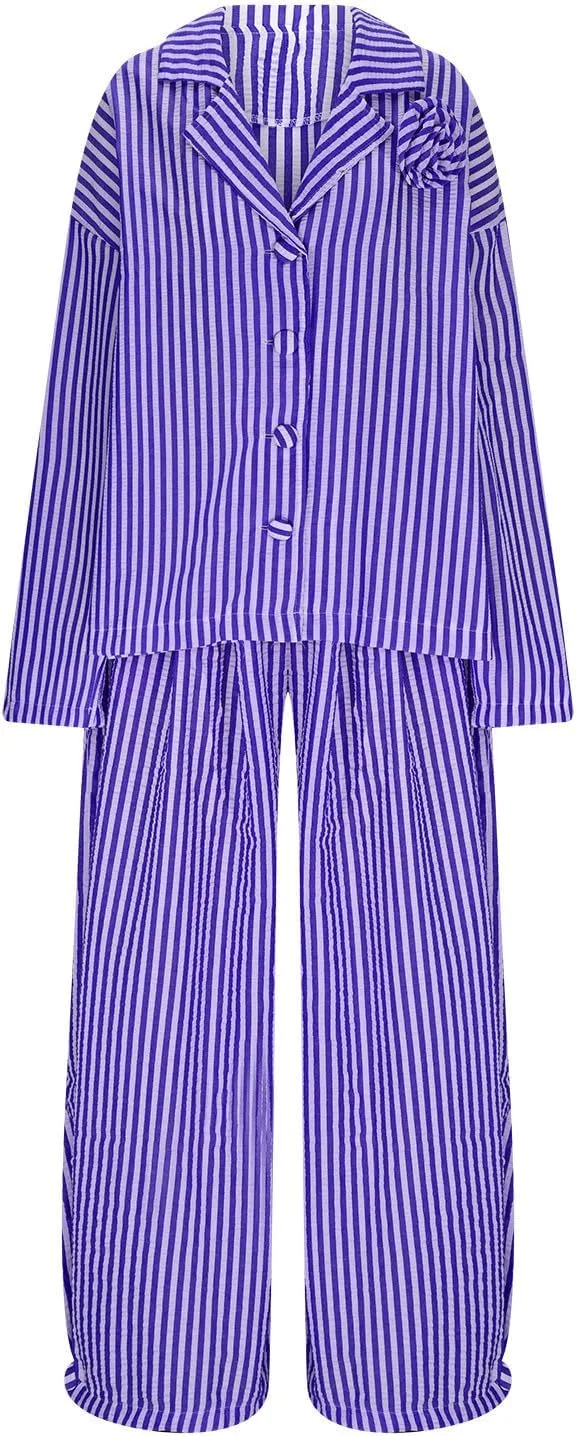 Women's Striped 2 Piece Outfits Casual Long Sleeve Button Down Lapel Shirts and Wide Leg Pants Loungewear Matching Sets