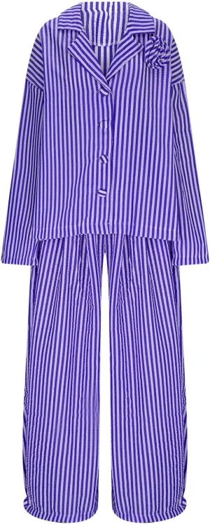 Women's Striped 2 Piece Outfits Casual Long Sleeve Button Down Lapel Shirts and Wide Leg Pants Loungewear Matching Sets