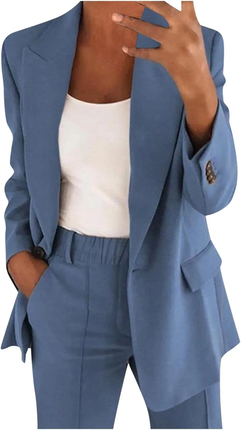womens suits 2 piece set business open front plus size blazer and long pants lounge wear sets Casual Matching Sets