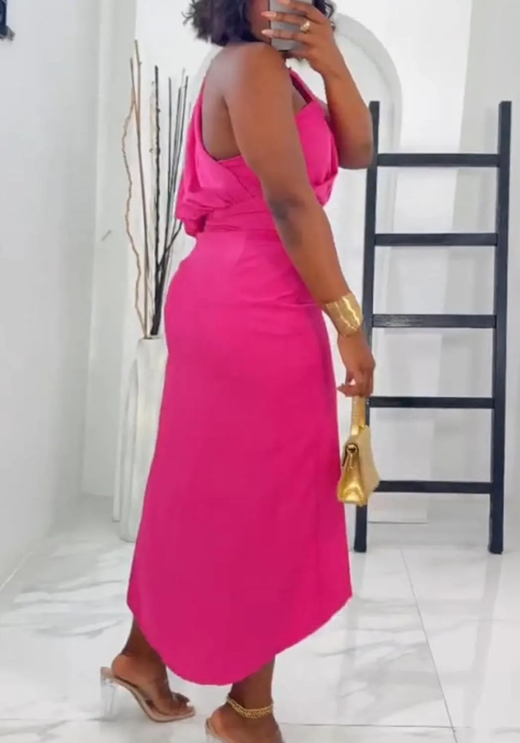 Womens Summer Bodycon Dress Sexy One Shoulder Sleeveless Pleated Wrap Midi Dress Work Cocktail Dress
