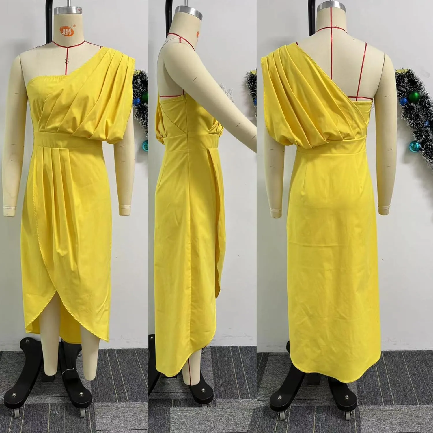 Womens Summer Bodycon Dress Sexy One Shoulder Sleeveless Pleated Wrap Midi Dress Work Cocktail Dress