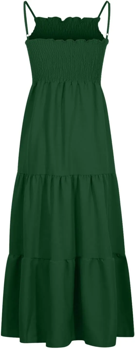 Women's Summer Maxi Dress Casual Boho Sleeveless High Waisted Spaghetti Strap Smocked Tiered Solid Beach Sun Dresses