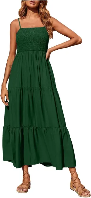 Women's Summer Maxi Dress Casual Boho Sleeveless High Waisted Spaghetti Strap Smocked Tiered Solid Beach Sun Dresses