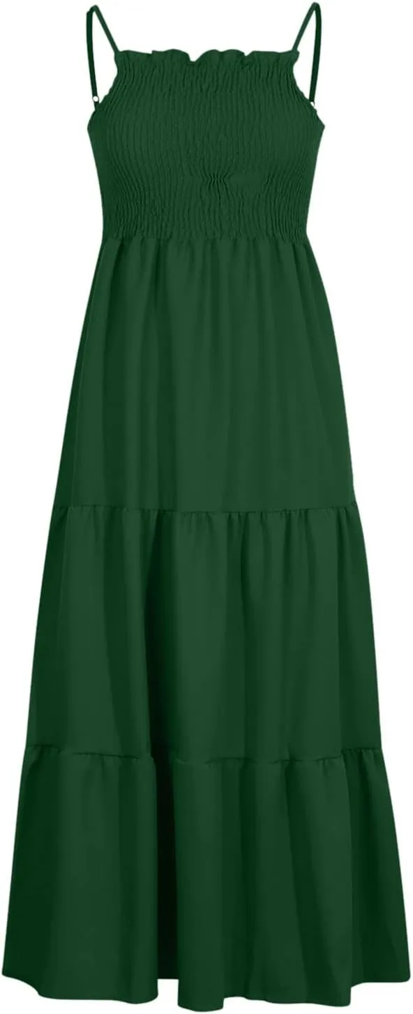 Women's Summer Maxi Dress Casual Boho Sleeveless High Waisted Spaghetti Strap Smocked Tiered Solid Beach Sun Dresses