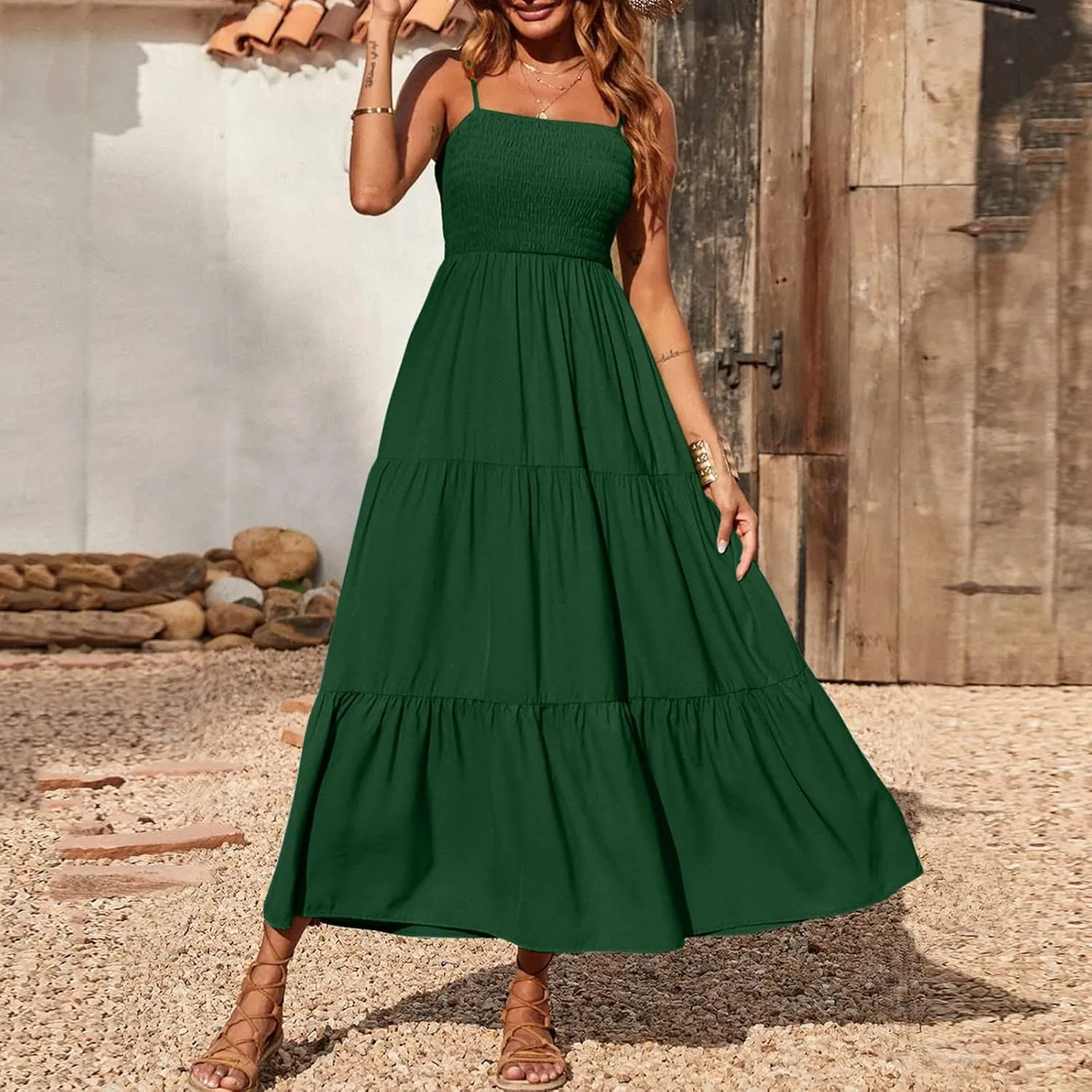 Women's Summer Maxi Dress Casual Boho Sleeveless High Waisted Spaghetti Strap Smocked Tiered Solid Beach Sun Dresses
