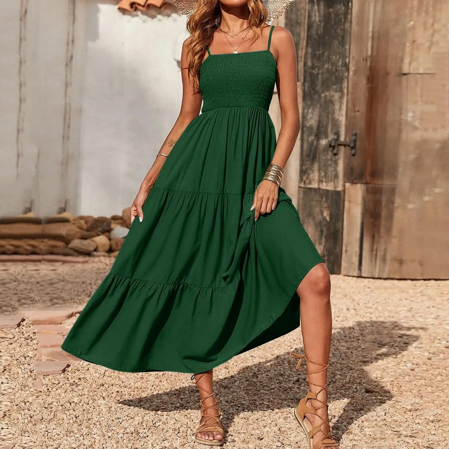 Women's Summer Maxi Dress Casual Boho Sleeveless High Waisted Spaghetti Strap Smocked Tiered Solid Beach Sun Dresses