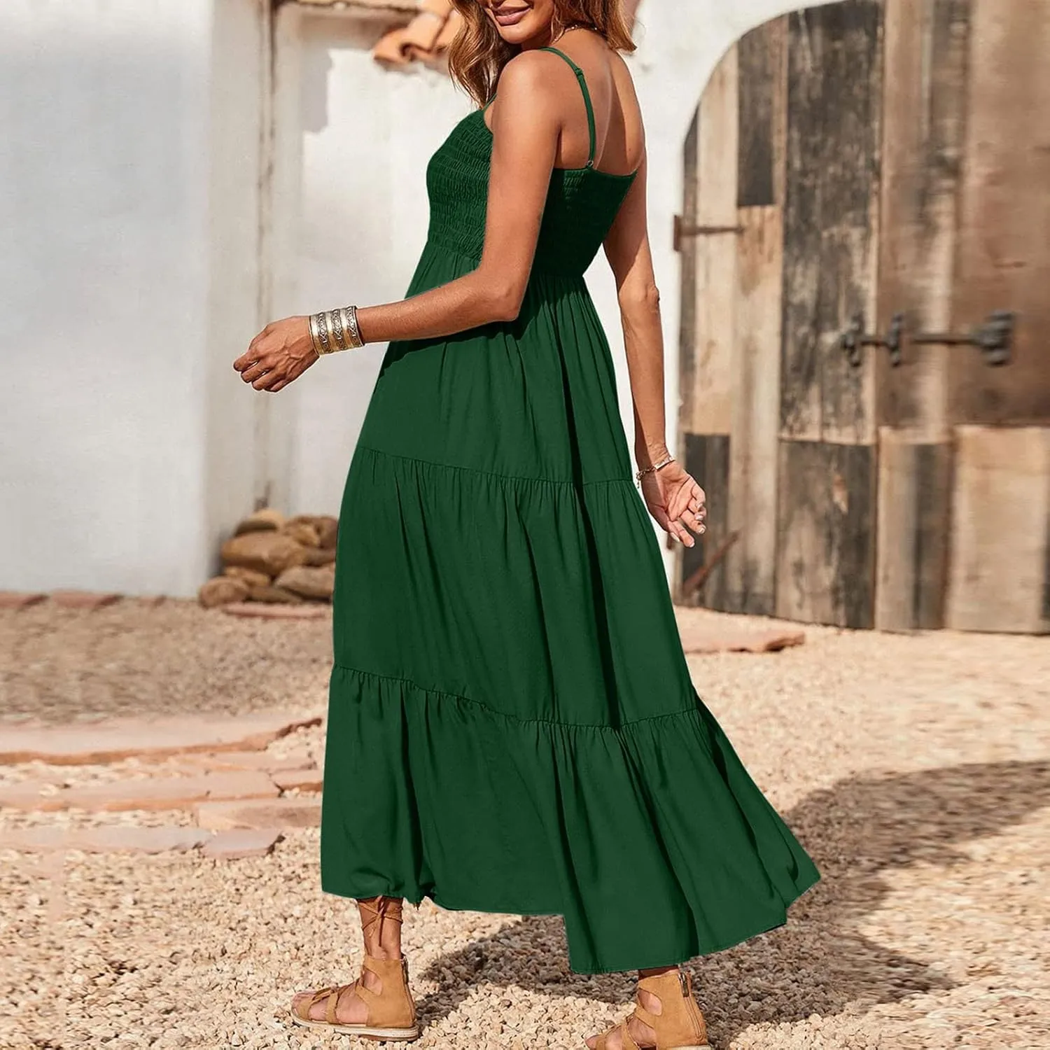Women's Summer Maxi Dress Casual Boho Sleeveless High Waisted Spaghetti Strap Smocked Tiered Solid Beach Sun Dresses