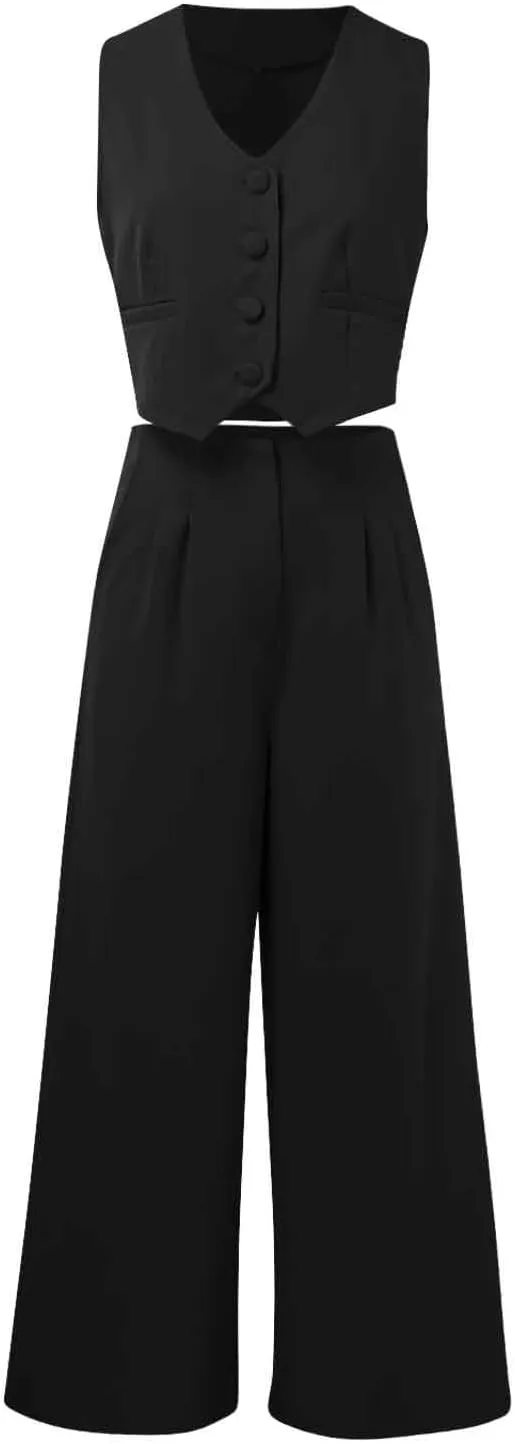 Womens Two Piece Outfits Summer Comfy Sets Sleeveless button down jacket baggy wide leg Blazer Pant workout tracksuit