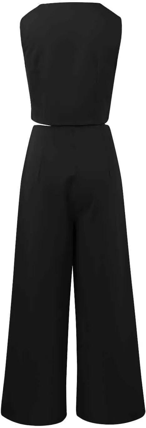 Womens Two Piece Outfits Summer Comfy Sets Sleeveless button down jacket baggy wide leg Blazer Pant workout tracksuit