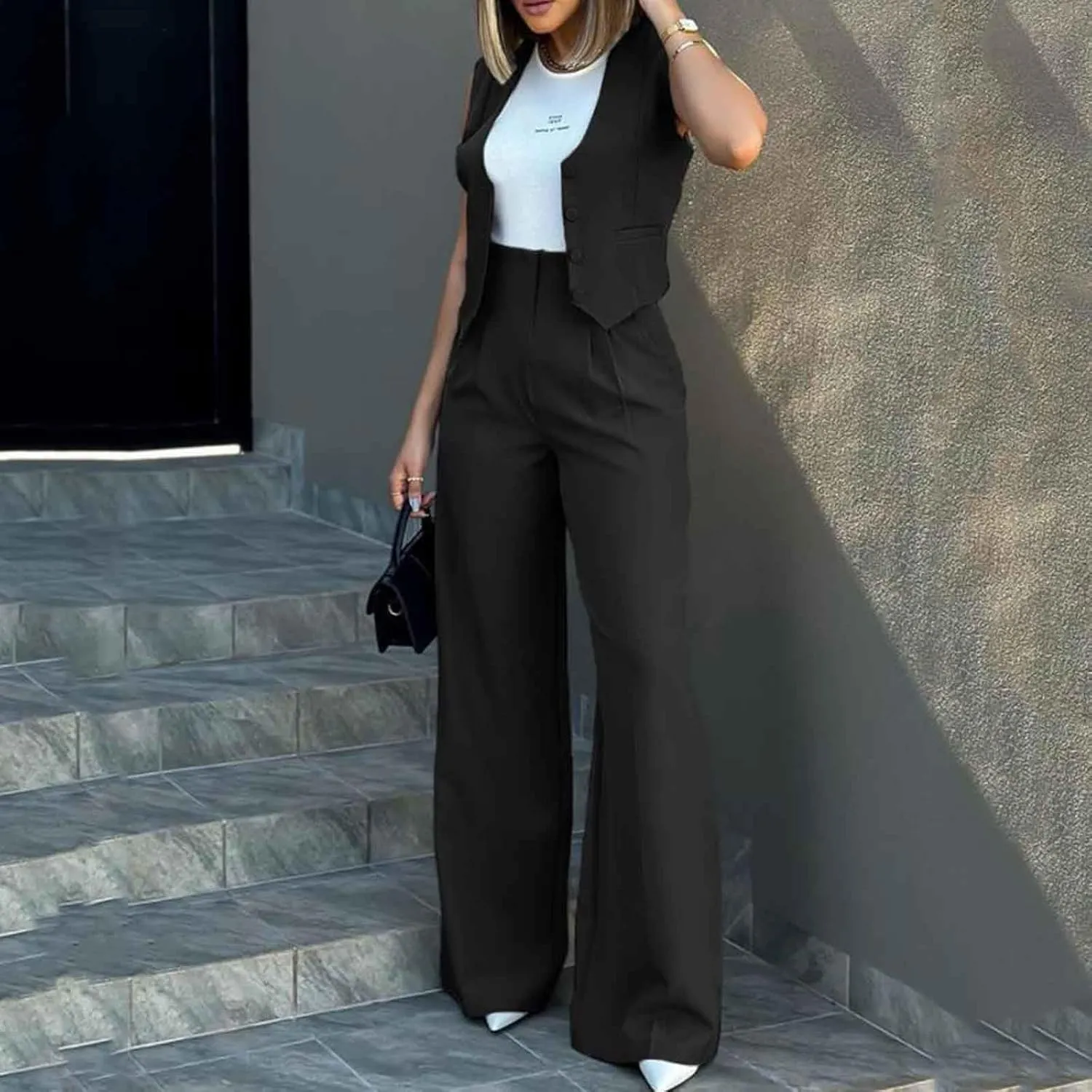 Womens Two Piece Outfits Summer Comfy Sets Sleeveless button down jacket baggy wide leg Blazer Pant workout tracksuit