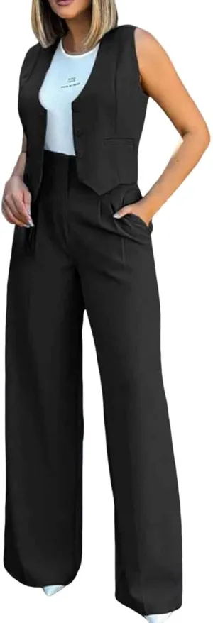 Womens Two Piece Outfits Summer Comfy Sets Sleeveless button down jacket baggy wide leg Blazer Pant workout tracksuit