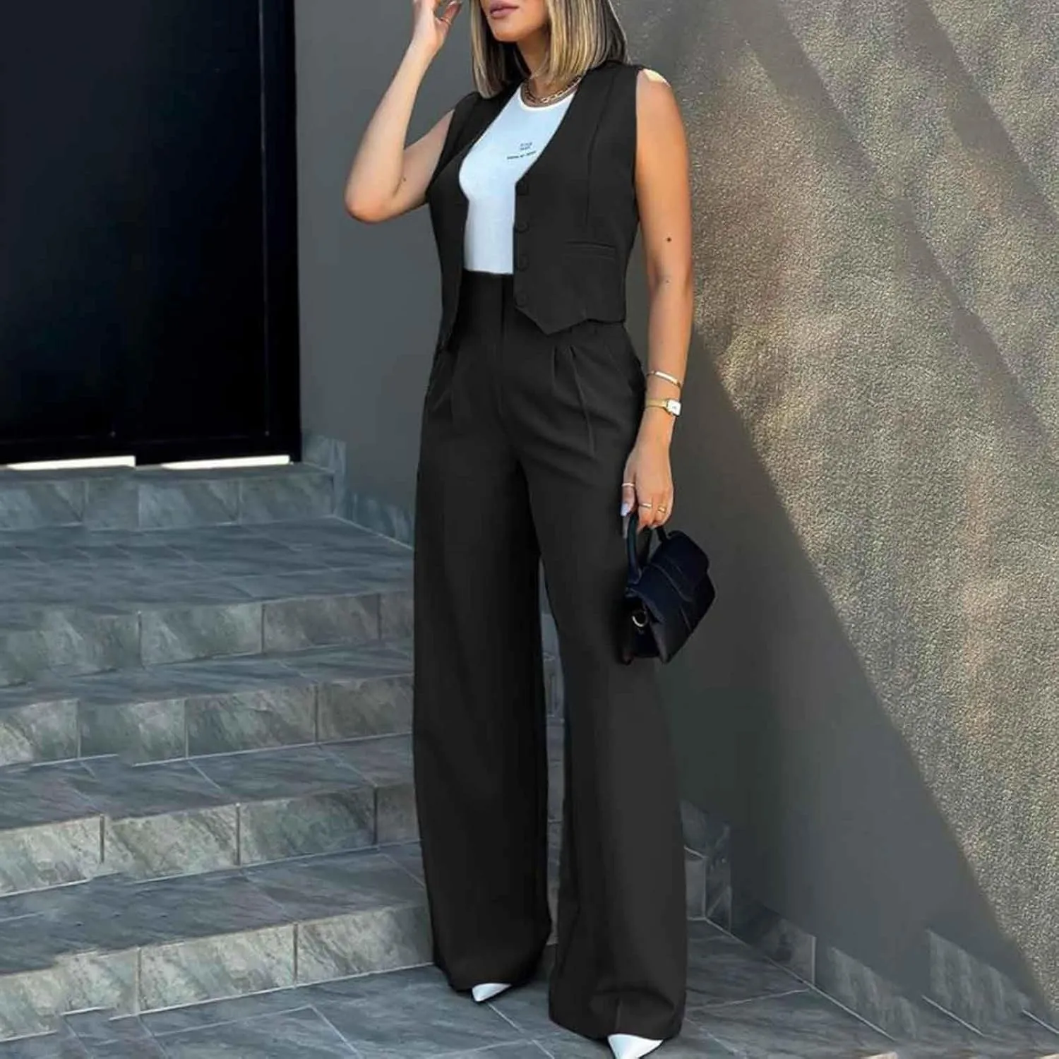 Womens Two Piece Outfits Summer Comfy Sets Sleeveless button down jacket baggy wide leg Blazer Pant workout tracksuit