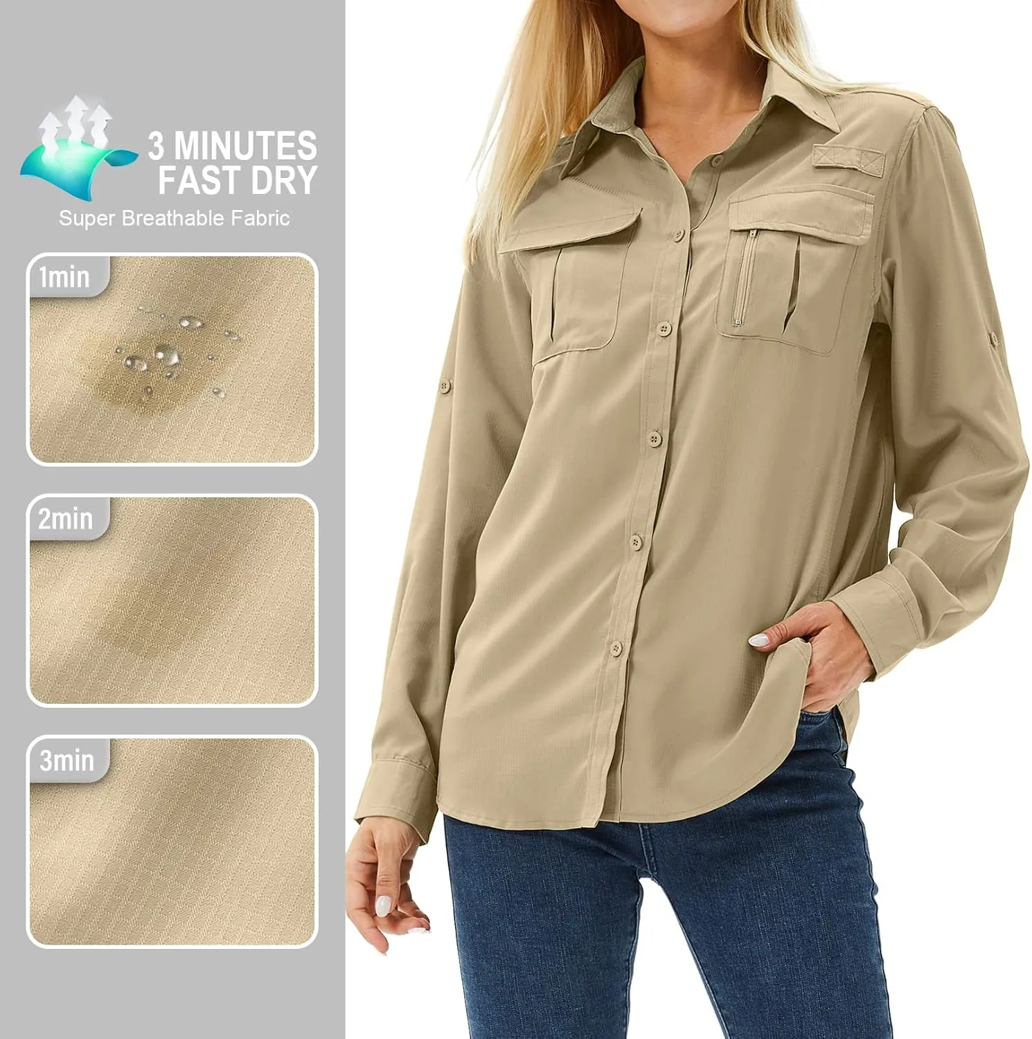 Women's UPF 50 Long Sleeve UV Sun Protection Safari Shirts Outdoor Quick Dry Fishing Hiking Travel Shirts