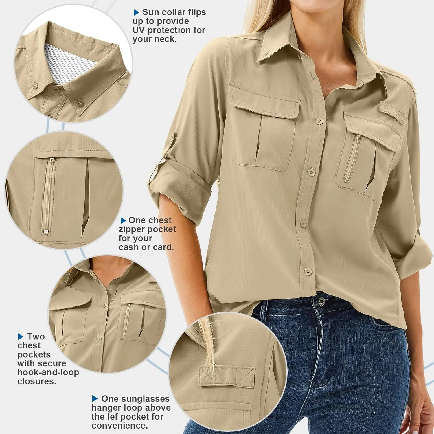 Women's UPF 50 Long Sleeve UV Sun Protection Safari Shirts Outdoor Quick Dry Fishing Hiking Travel Shirts