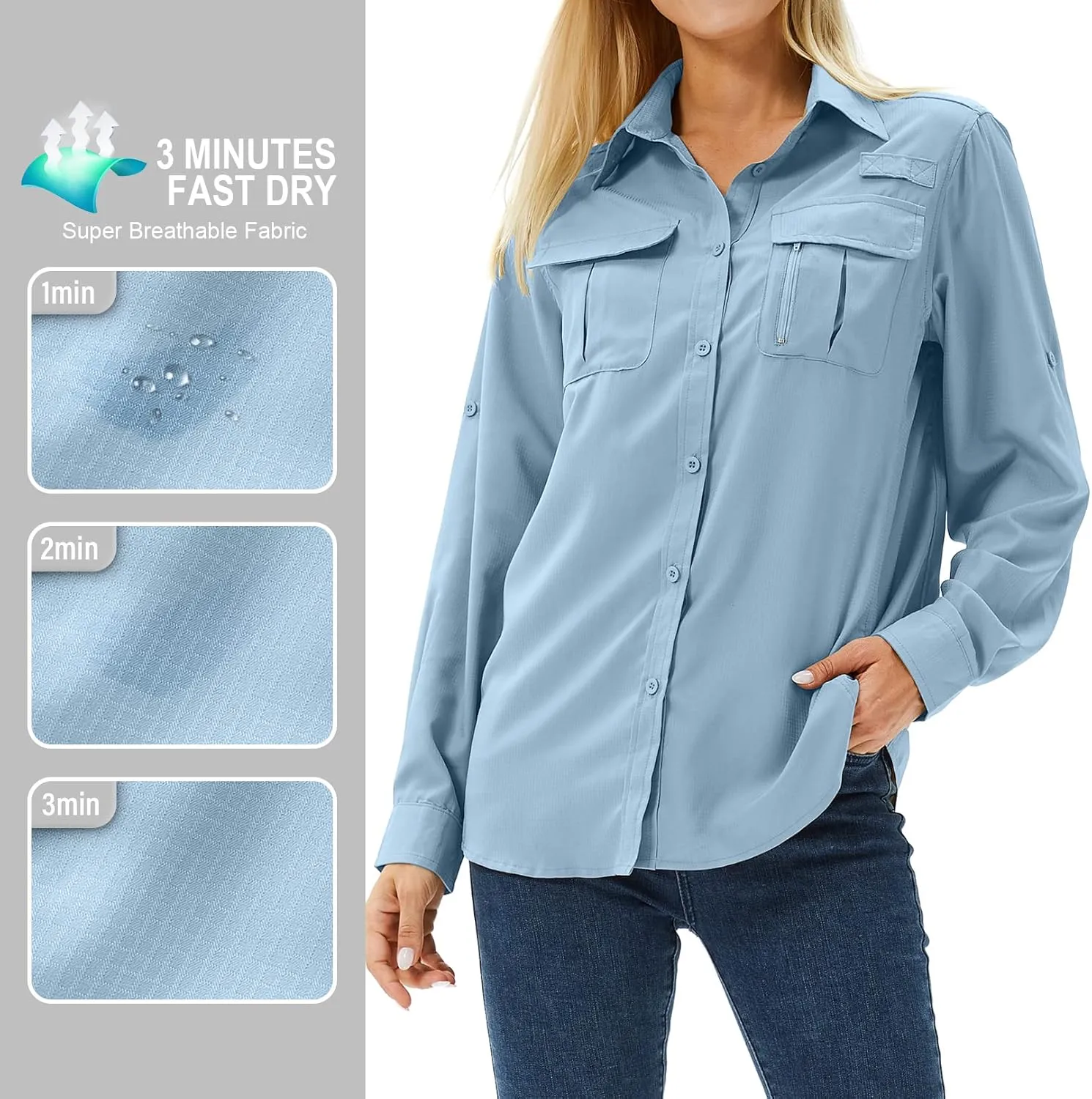 Women's UPF 50 Long Sleeve UV Sun Protection Safari Shirts Outdoor Quick Dry Fishing Hiking Travel Shirts