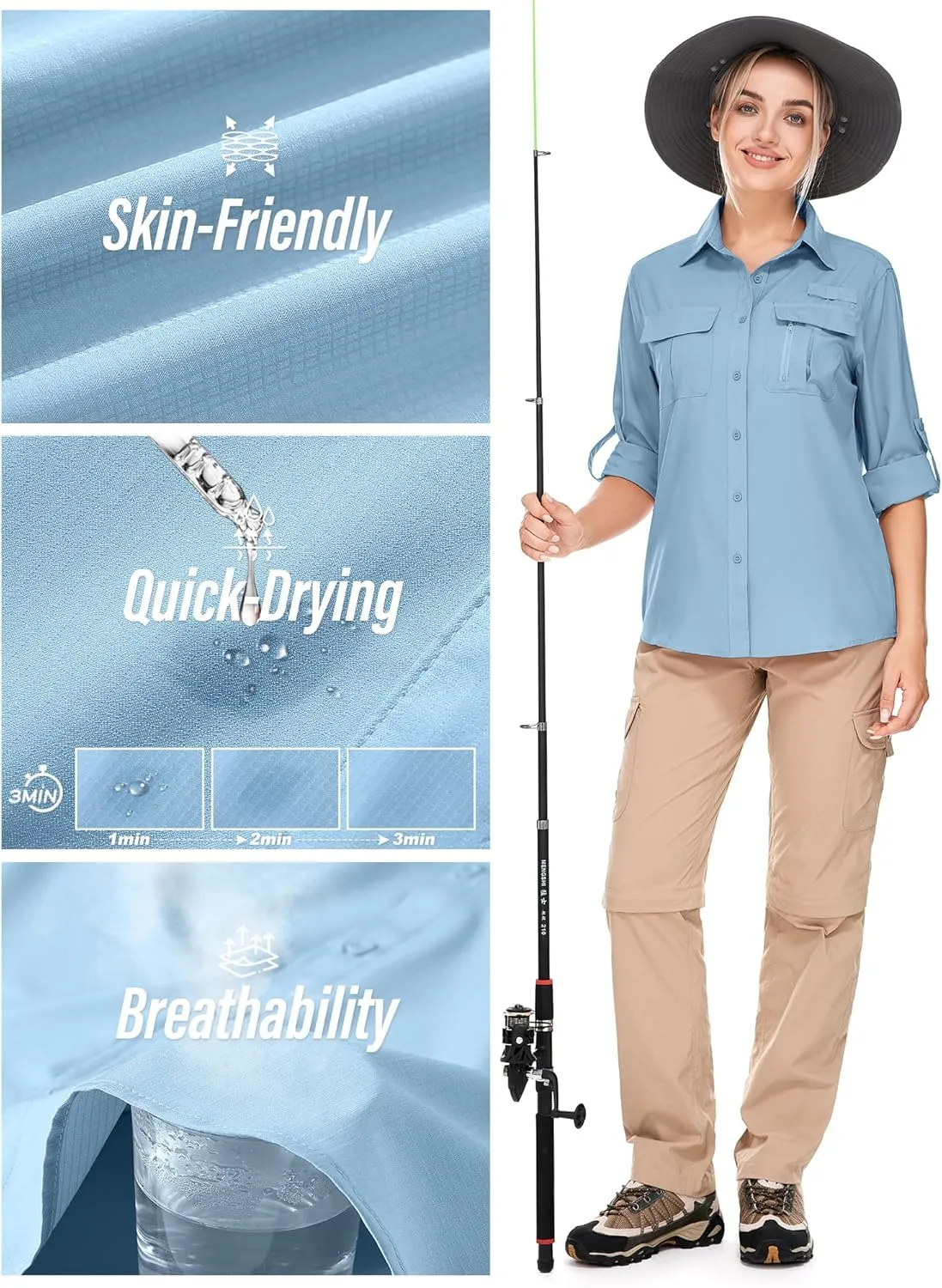 Women's UPF 50 Long Sleeve UV Sun Protection Safari Shirts Outdoor Quick Dry Fishing Hiking Travel Shirts