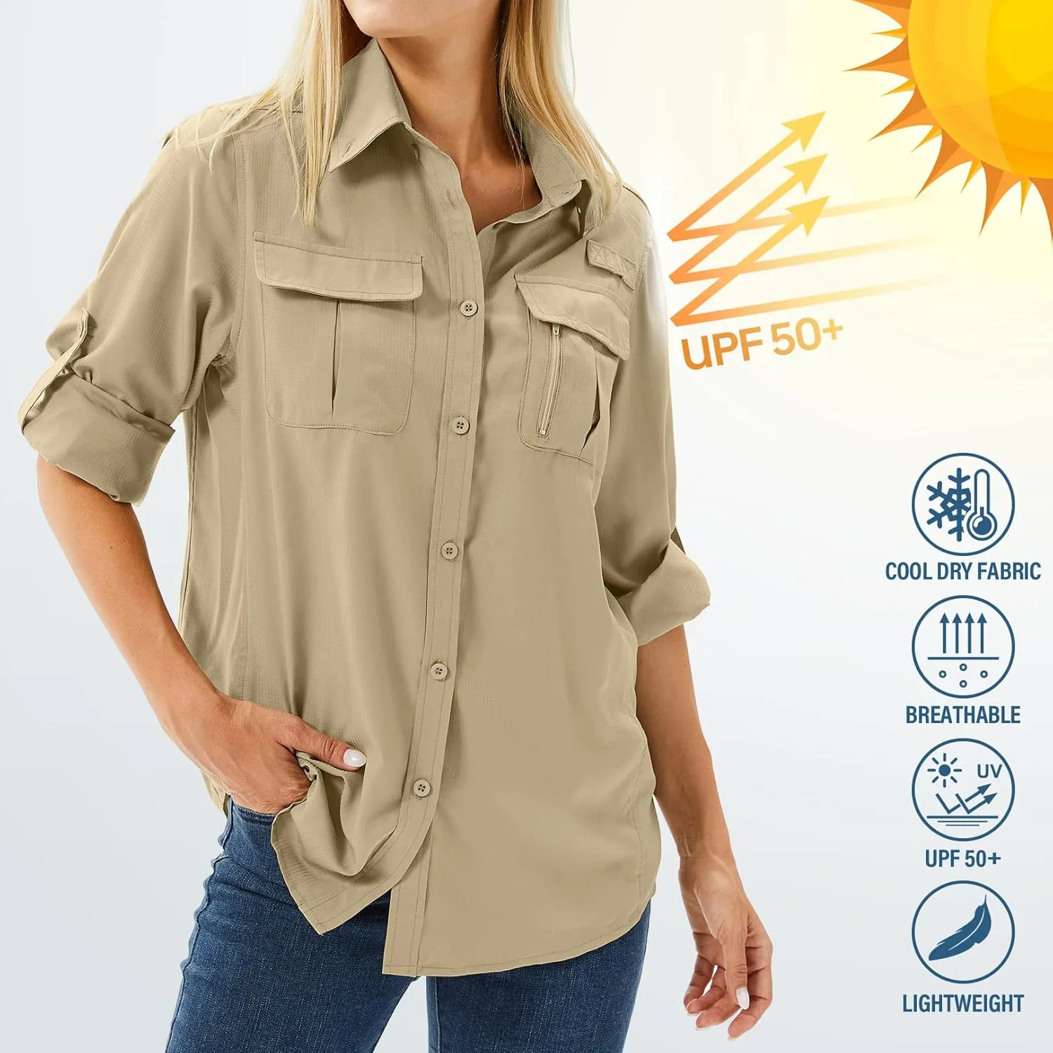 Women's UPF 50 Long Sleeve UV Sun Protection Safari Shirts Outdoor Quick Dry Fishing Hiking Travel Shirts