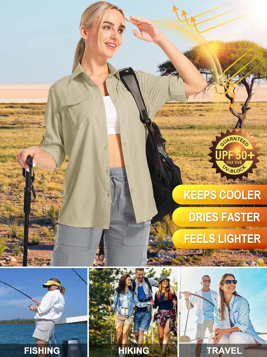 Women's UPF 50 UV Sun Protection Shirts Long Sleeve Outdoor Cool Quick Dry Safari Fishing Hiking Travel Shirts